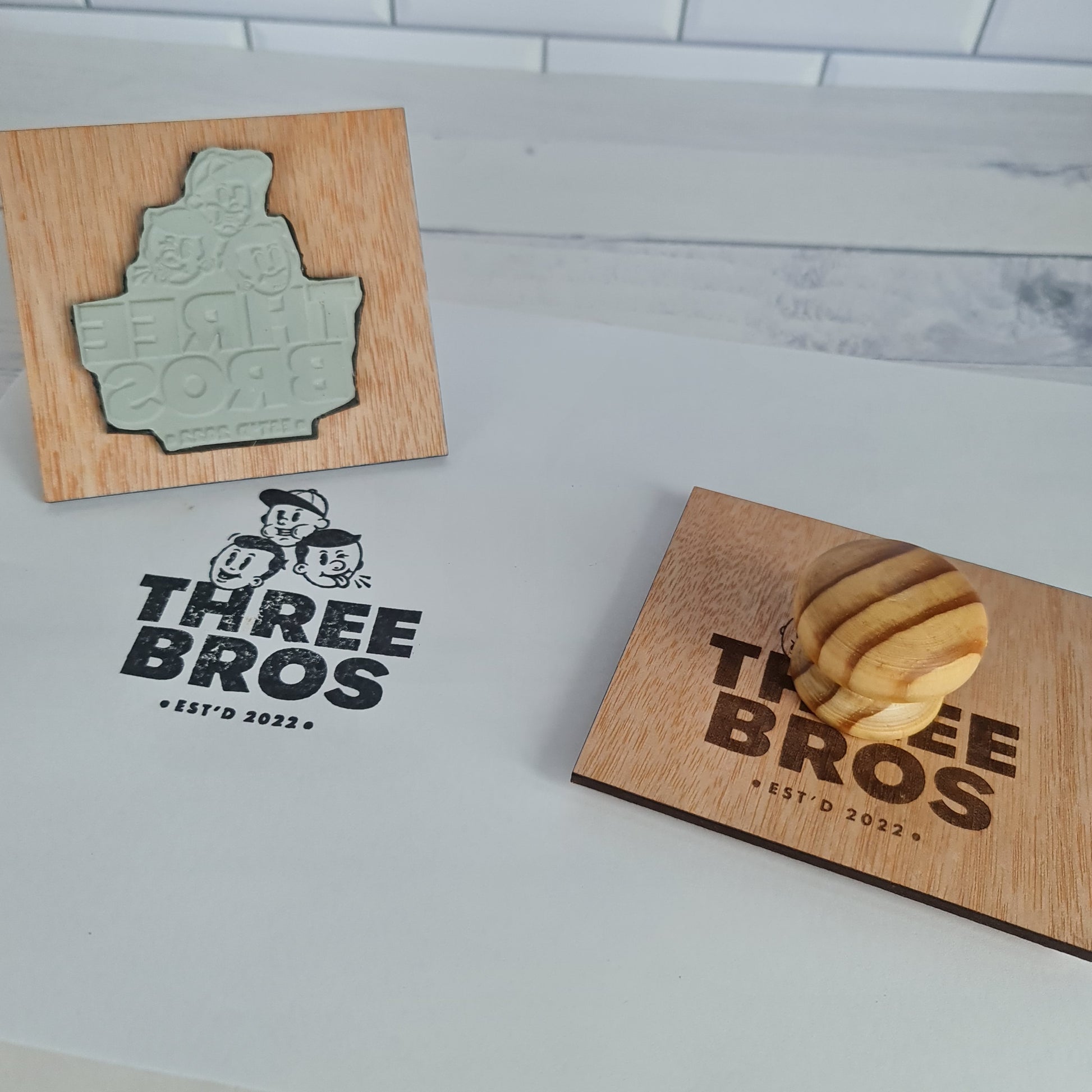 Large Custom Handheld Rubber Stamp with Three Bros Logo