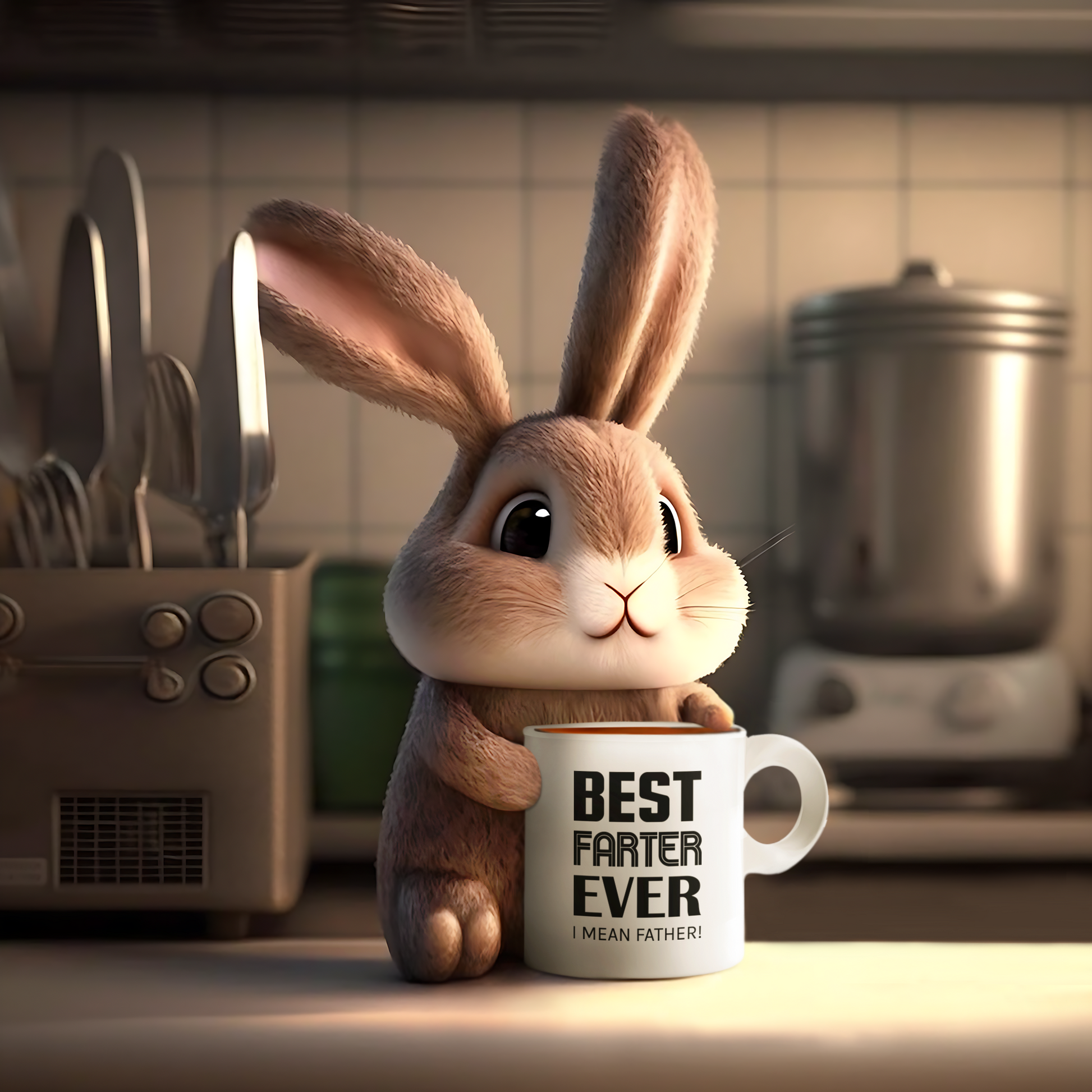 Picture of a Bunny holding a mug that says best farter ever I mean father!