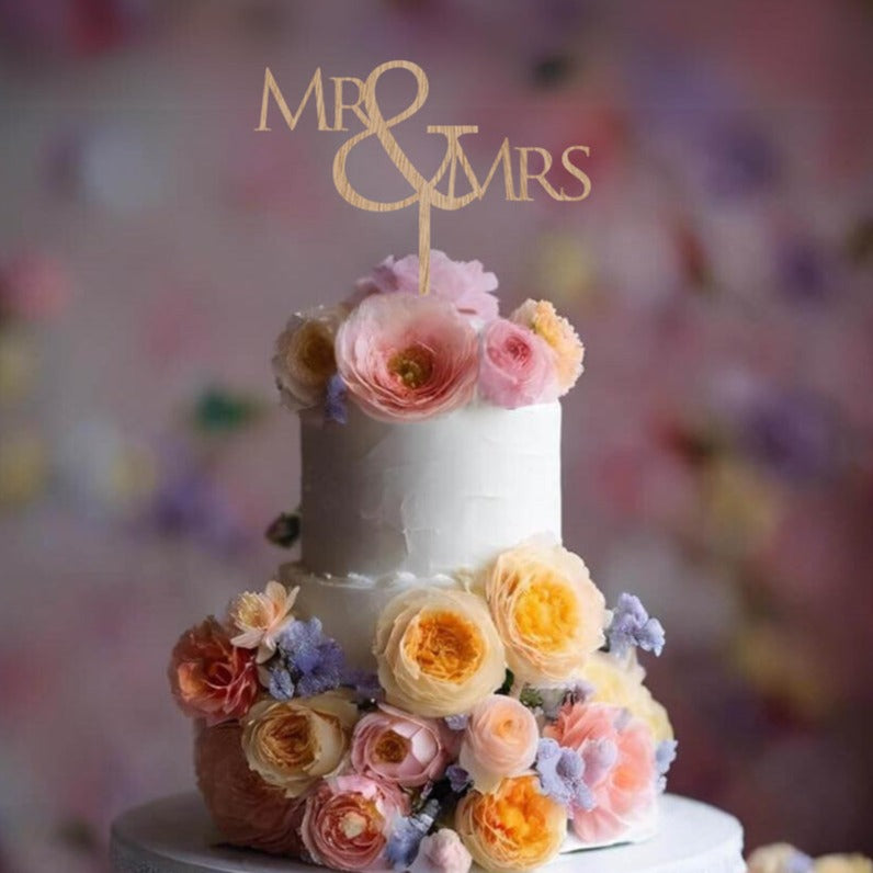 Wooden Wedding Mr & Mrs Cake Topper